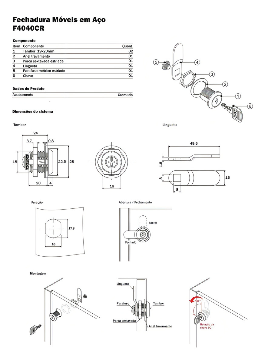 Fechadura Para Móveis De Aço 19 X 20mm Hardt